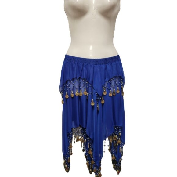 Blue Short Skirt Belly Dancing Skirt Crocheted with Gold Beads and Coins  NEW - Picture 1 of 6